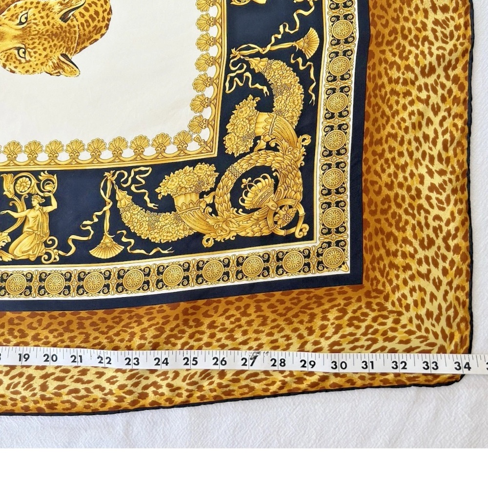 Vintage Atelier Versace Leopard Print Barocco Baroque Black & Gold Silk Scarf - Picture 12 of 15